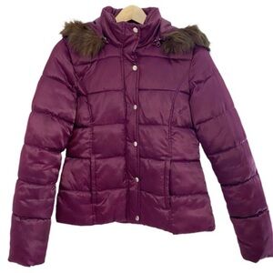 MERONA PUFFER JACKET PLUM PURPLE MINK BROWN FAUX FUR TRIM HOODIE XL